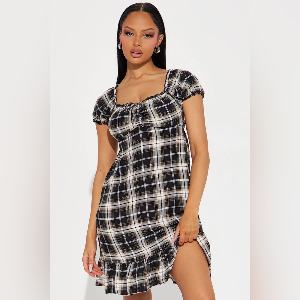 NWT Almost Famous Black Plaid Short Dress Size Large Western Prairie Cottagecore